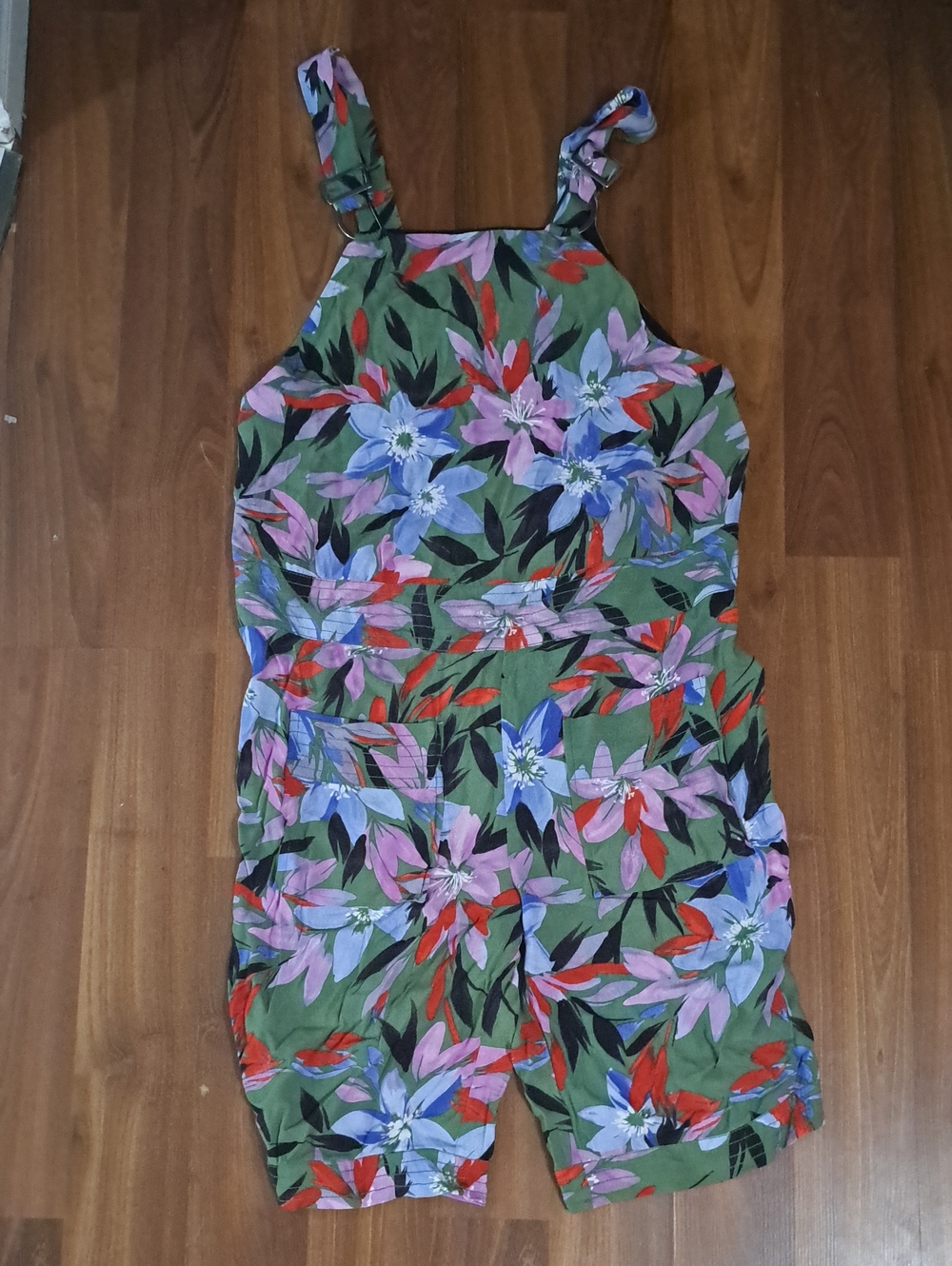Guess Green Floral Overalls Shorts Romper with Red, Purple & Blue Flowers